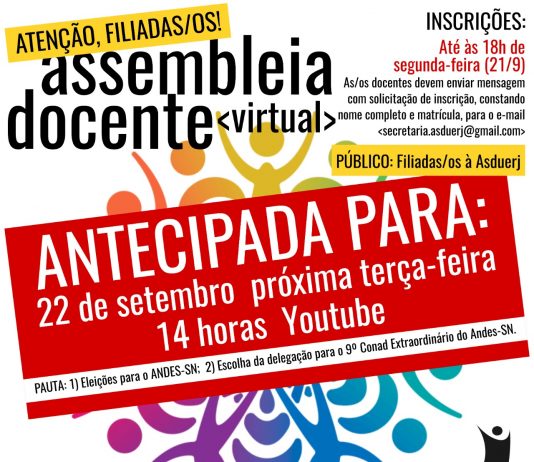 Atenção! Assembleia Docente antecipada para terça-feira, 22/9, 14h