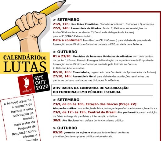 Asduerj aprova Calendário de Lutas com plenárias de base nas Unidades e Assembleia Geral de Docentes no dia 27 de outubro